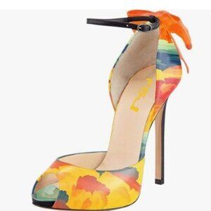FSJ Watercolor High Heels Sandals Peep Toe Pumps Ankle Straps Bows Bridal Shoes